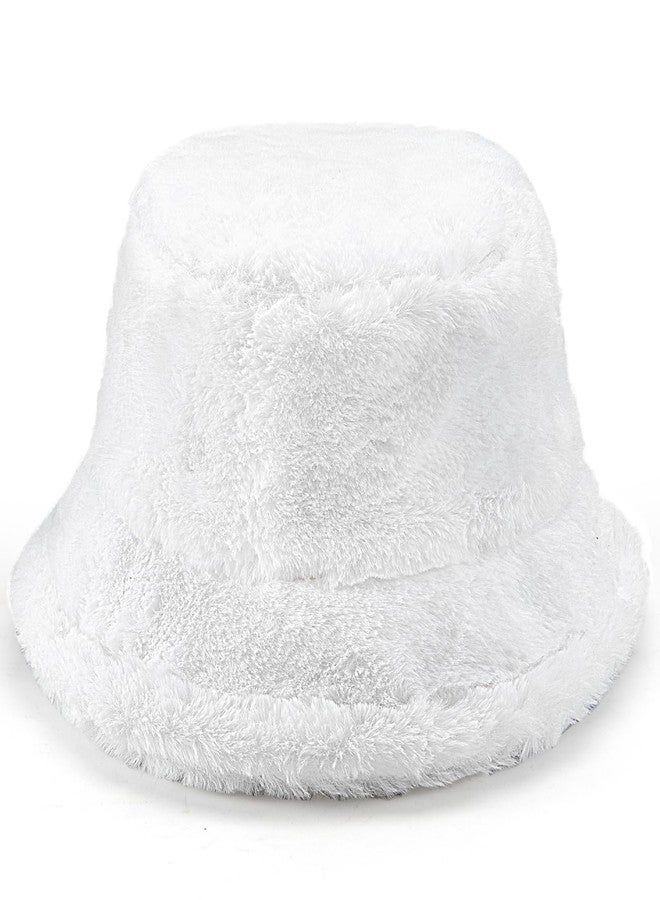 TUSBUIR Warm Furry White Bucket Hat Winter Faux Fur Fisherman Hat Fuzzy Hat Fluffy Cap for Women Men - Image 1